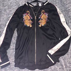 black jacket with tiger and rose embroidering
